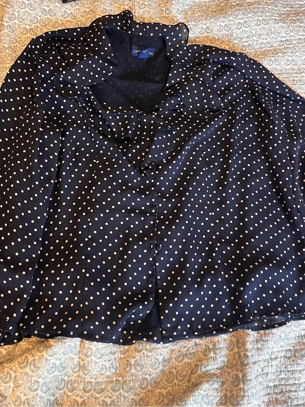 Charter Club Navy Blouse with Cream Polka Dots